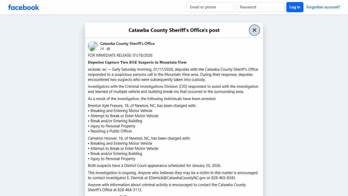 FOR IMMEDIATE RELEASE:... - Catawba County Sheriff's Office | Facebook